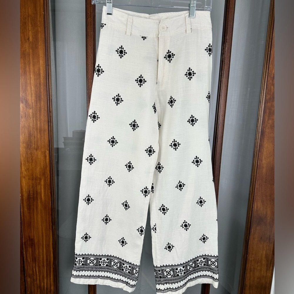 Elie Tahari Pants Womens 2 White Black Embroidered Wide Leg Linen Blend Boho